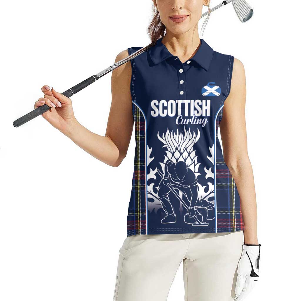 Custom Scotland Curling Women Sleeveless Polo Shirt Scottish Thistle Mix Tartan Pattern - Wonder Print Shop