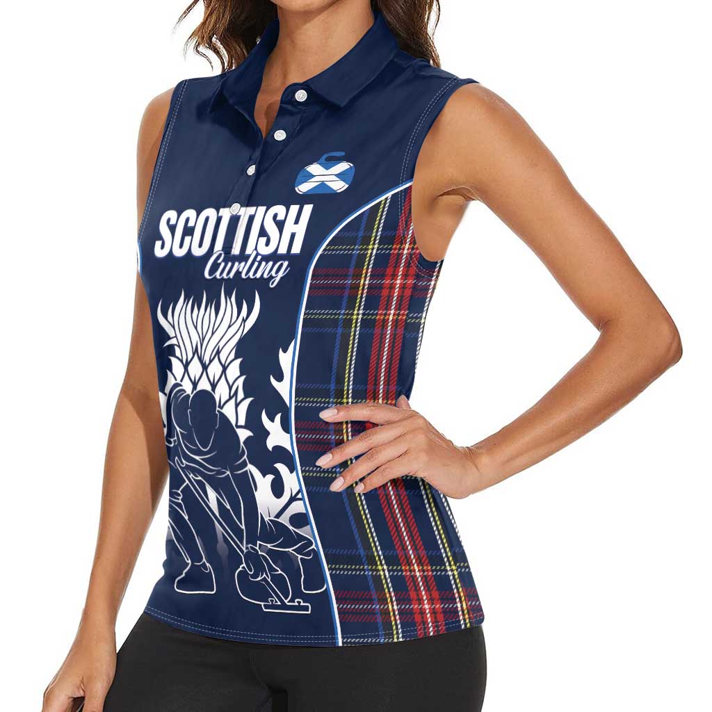 Custom Scotland Curling Women Sleeveless Polo Shirt Scottish Thistle Mix Tartan Pattern - Wonder Print Shop