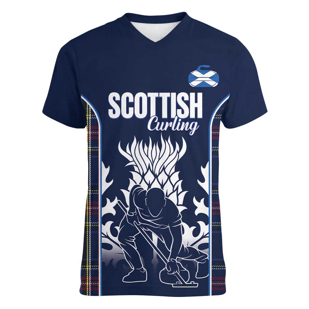 Custom Scotland Curling Women V-Neck T-Shirt Scottish Thistle Mix Tartan Pattern - Wonder Print Shop