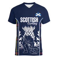 Custom Scotland Curling Women V-Neck T-Shirt Scottish Thistle Mix Tartan Pattern - Wonder Print Shop