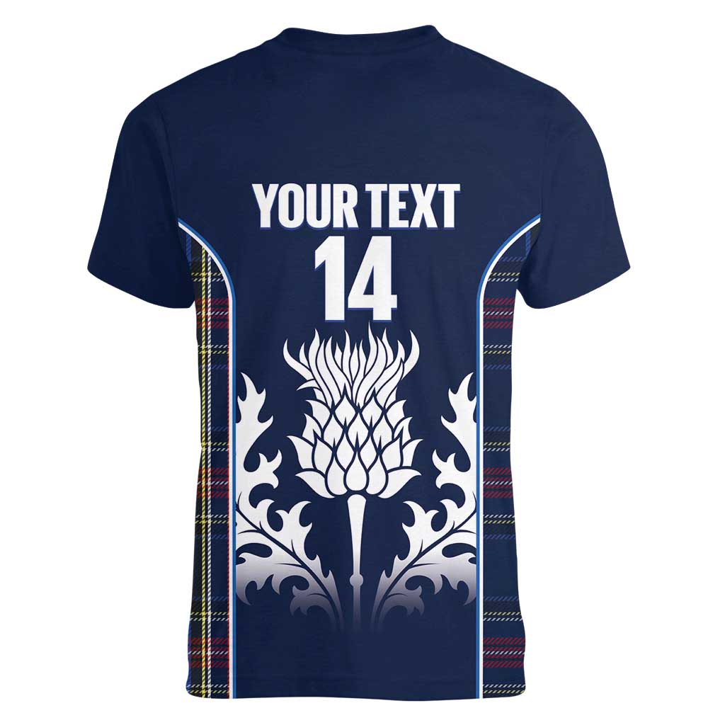 Custom Scotland Curling Women V-Neck T-Shirt Scottish Thistle Mix Tartan Pattern - Wonder Print Shop
