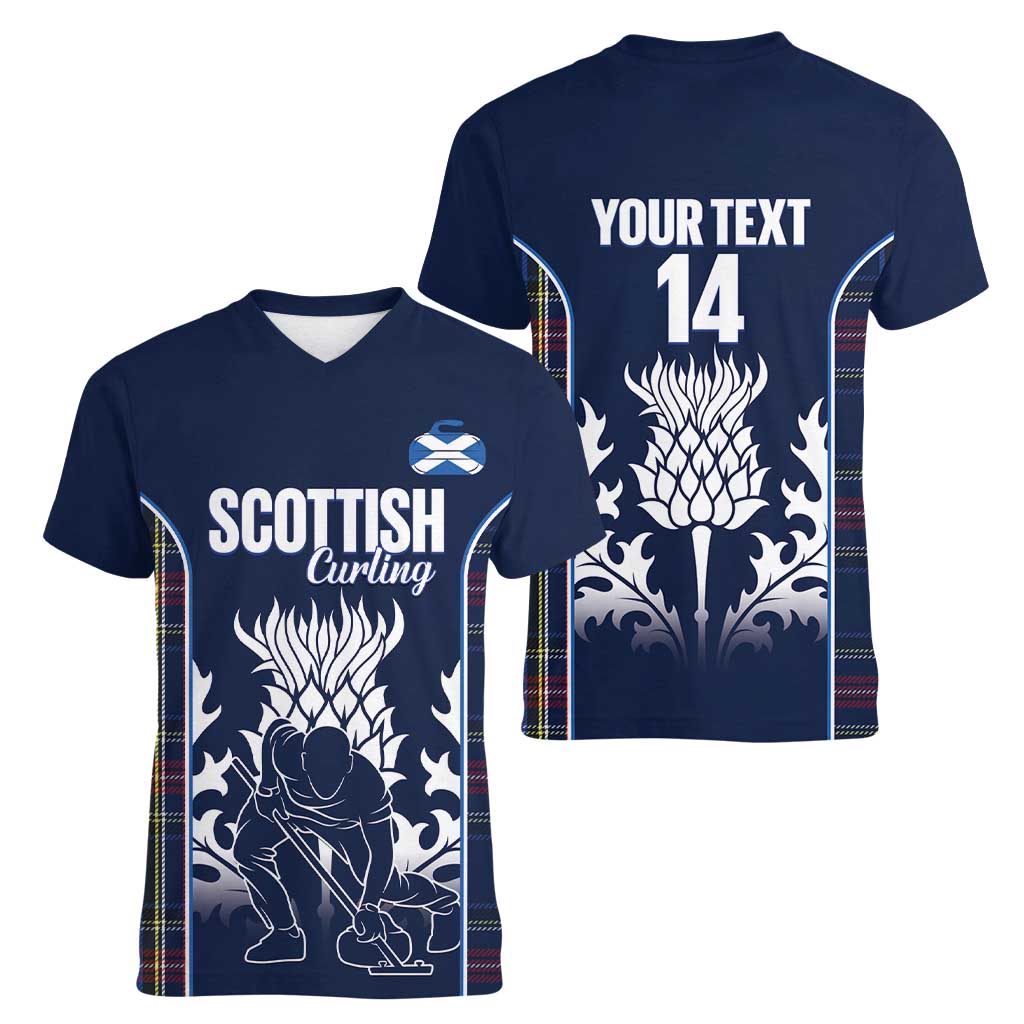 Custom Scotland Curling Women V-Neck T-Shirt Scottish Thistle Mix Tartan Pattern - Wonder Print Shop