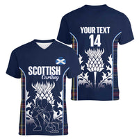 Custom Scotland Curling Women V-Neck T-Shirt Scottish Thistle Mix Tartan Pattern - Wonder Print Shop