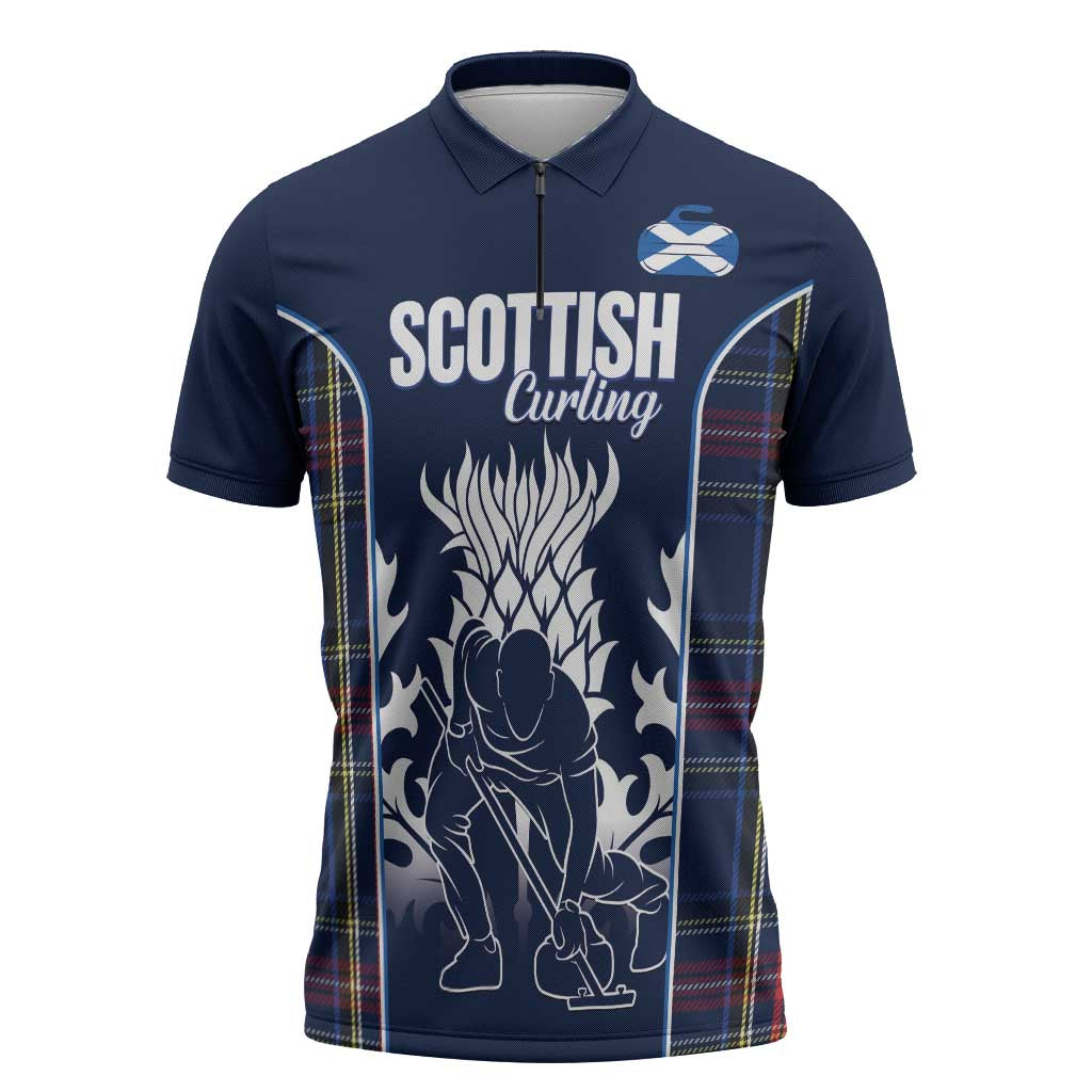 Custom Scotland Curling Zipper Polo Shirt Scottish Thistle Mix Tartan Pattern - Wonder Print Shop