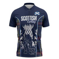 Custom Scotland Curling Zipper Polo Shirt Scottish Thistle Mix Tartan Pattern - Wonder Print Shop