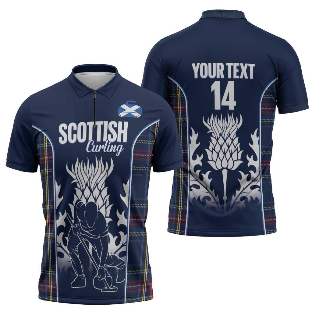 Custom Scotland Curling Zipper Polo Shirt Scottish Thistle Mix Tartan Pattern - Wonder Print Shop