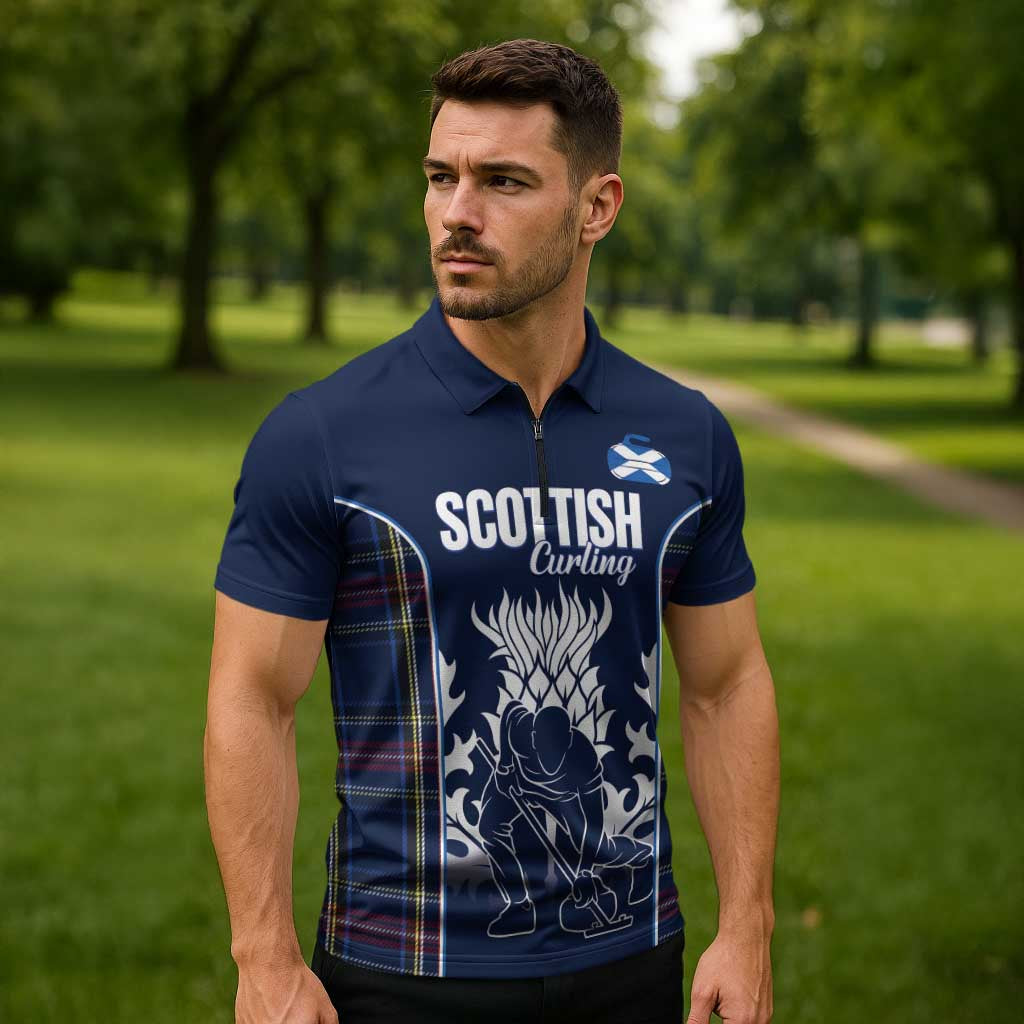 Custom Scotland Curling Zipper Polo Shirt Scottish Thistle Mix Tartan Pattern - Wonder Print Shop