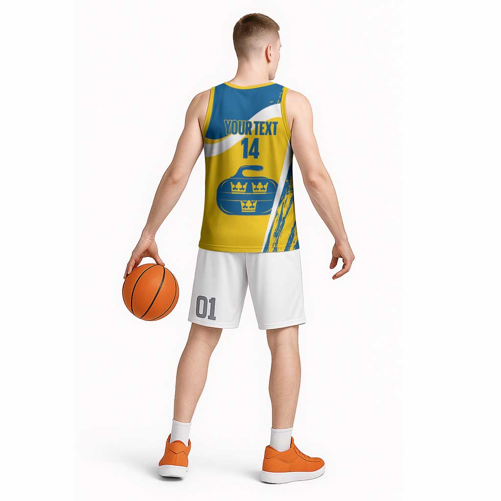 Custom Sweden Curling Basketball Jersey Konungariket Sverige Tre Kronor Grunge Style - Wonder Print Shop