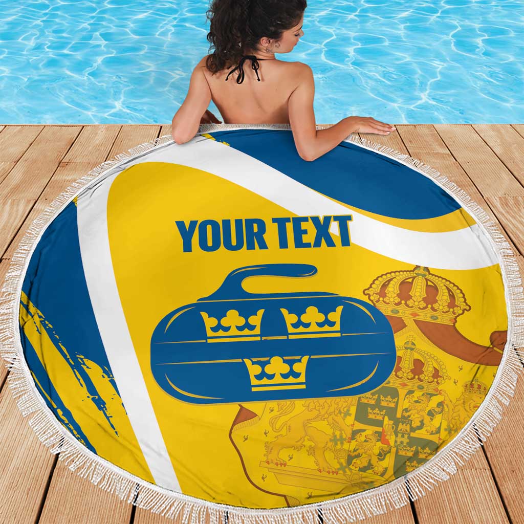 Custom Sweden Curling Beach Blanket Konungariket Sverige Tre Kronor Grunge Style - Wonder Print Shop