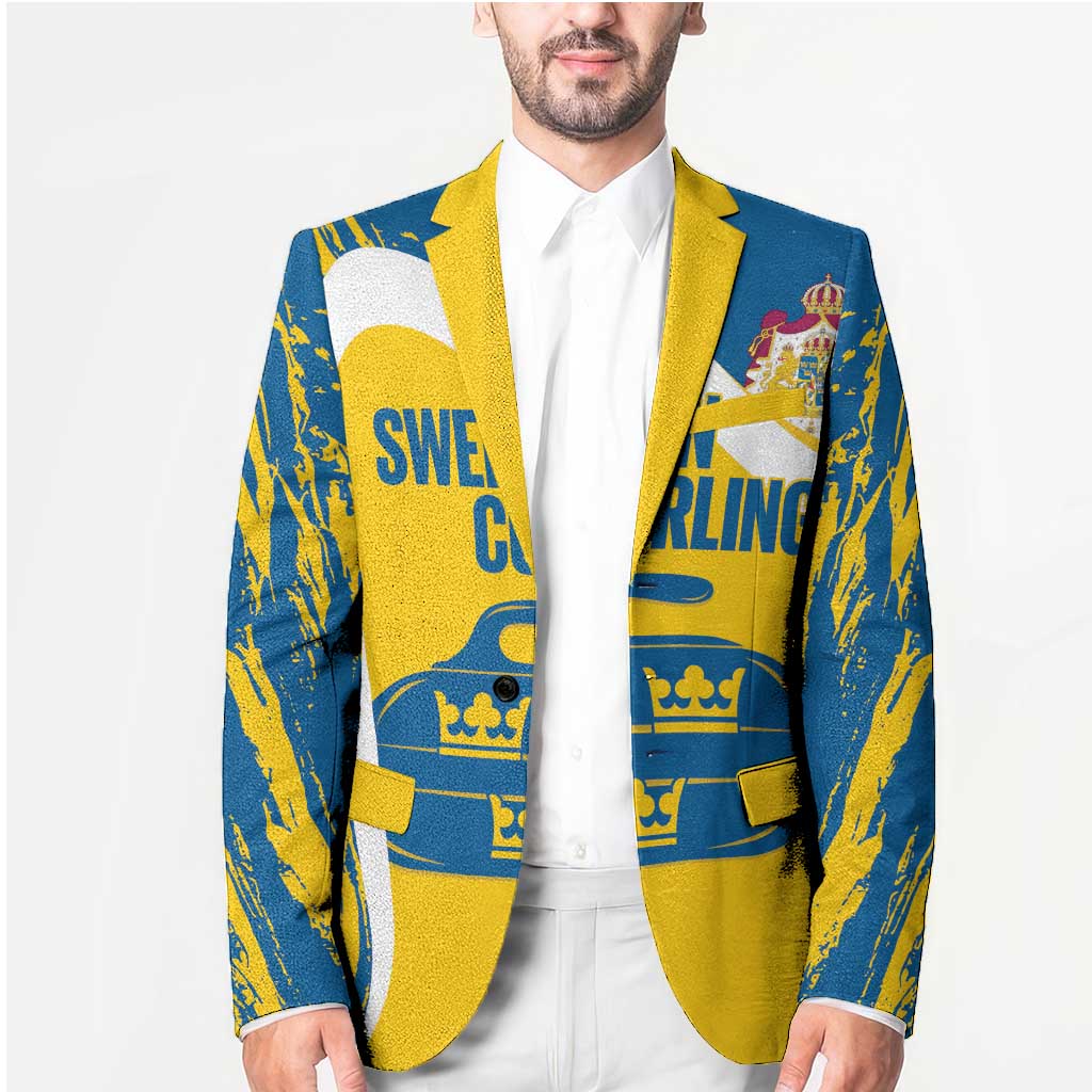 Custom Sweden Curling Blazer Konungariket Sverige Tre Kronor Grunge Style - Wonder Print Shop