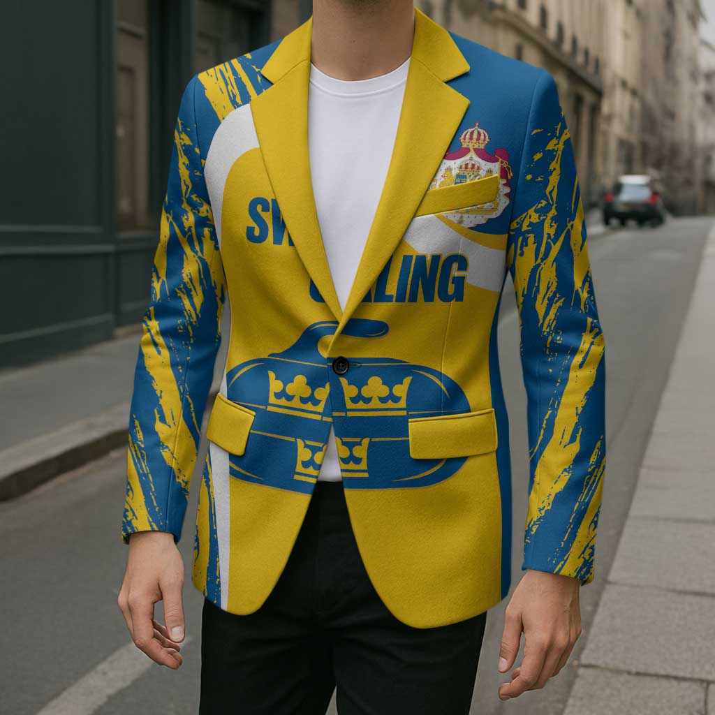 Custom Sweden Curling Blazer Konungariket Sverige Tre Kronor Grunge Style - Wonder Print Shop