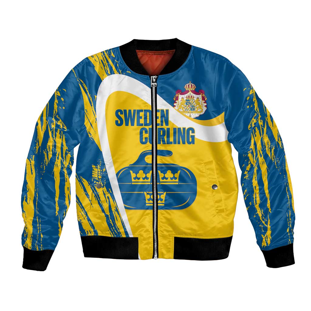 Custom Sweden Curling Bomber Jacket Konungariket Sverige Tre Kronor Grunge Style - Wonder Print Shop