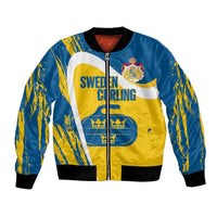 Custom Sweden Curling Bomber Jacket Konungariket Sverige Tre Kronor Grunge Style - Wonder Print Shop