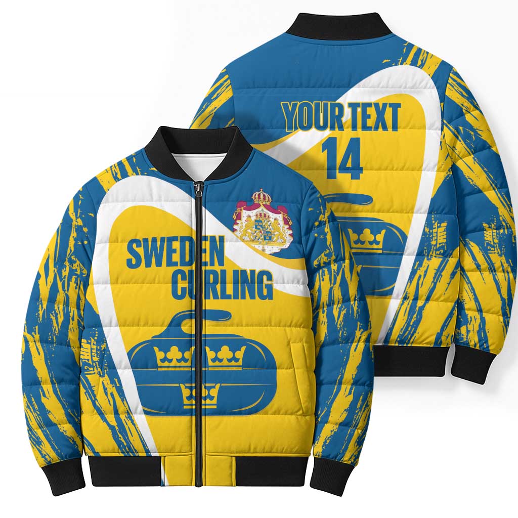 Custom Sweden Curling Bomber Puffer Jacket Konungariket Sverige Tre Kronor Grunge Style - Wonder Print Shop
