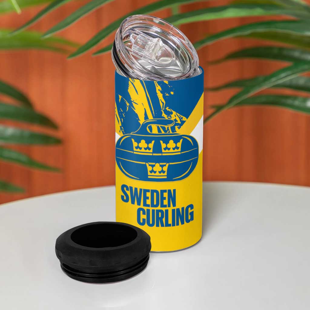 Custom Sweden Curling 4 in 1 Can Cooler Tumbler Konungariket Sverige Tre Kronor Grunge Style - Wonder Print Shop