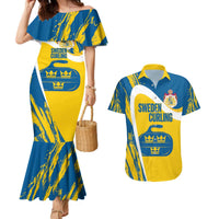 Custom Sweden Curling Couples Matching Mermaid Dress and Hawaiian Shirt Konungariket Sverige Tre Kronor Grunge Style - Wonder Print Shop