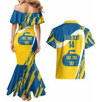 Custom Sweden Curling Couples Matching Mermaid Dress and Hawaiian Shirt Konungariket Sverige Tre Kronor Grunge Style - Wonder Print Shop
