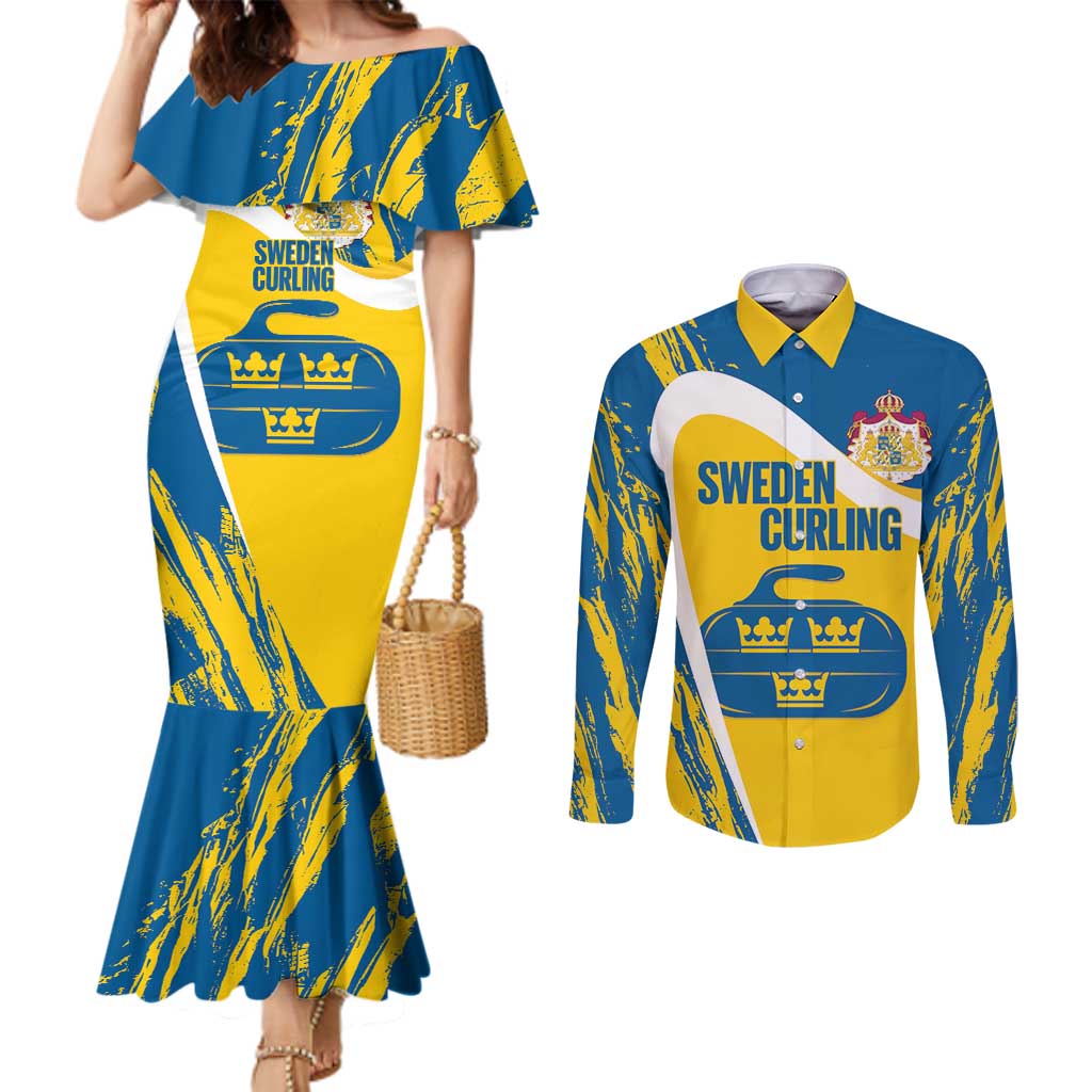 Custom Sweden Curling Couples Matching Mermaid Dress and Long Sleeve Button Shirt Konungariket Sverige Tre Kronor Grunge Style - Wonder Print Shop