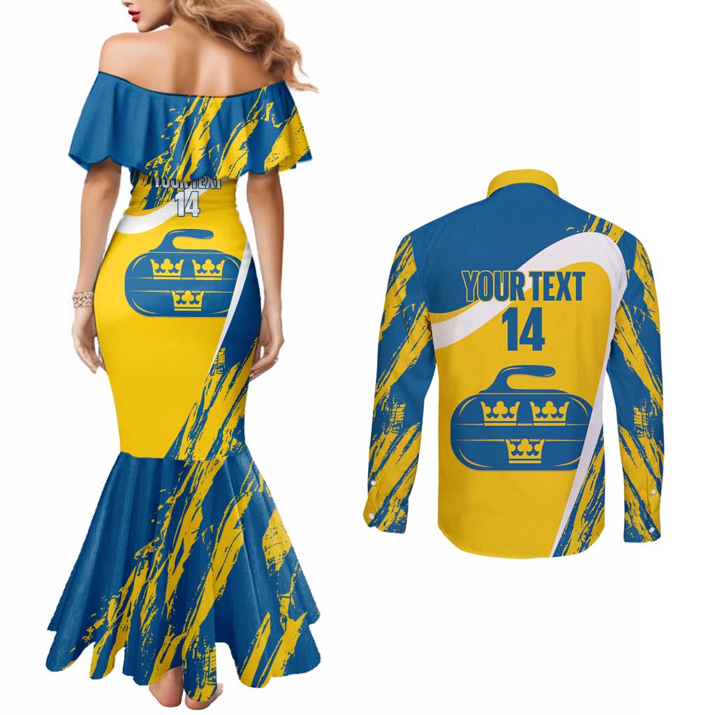 Custom Sweden Curling Couples Matching Mermaid Dress and Long Sleeve Button Shirt Konungariket Sverige Tre Kronor Grunge Style - Wonder Print Shop