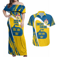 Custom Sweden Curling Couples Matching Off Shoulder Maxi Dress and Hawaiian Shirt Konungariket Sverige Tre Kronor Grunge Style - Wonder Print Shop