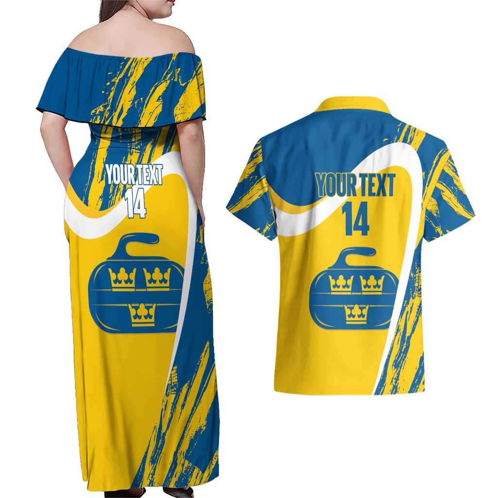 Custom Sweden Curling Couples Matching Off Shoulder Maxi Dress and Hawaiian Shirt Konungariket Sverige Tre Kronor Grunge Style - Wonder Print Shop