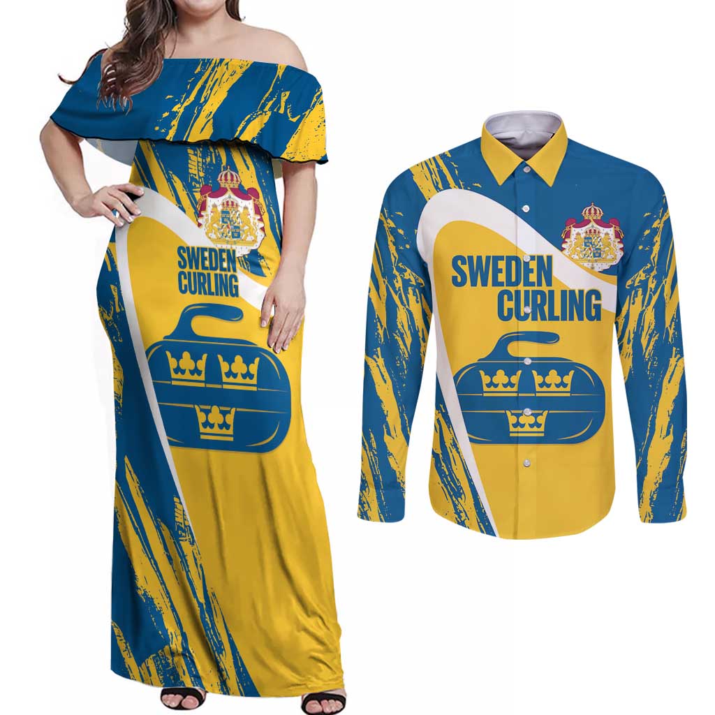 Custom Sweden Curling Couples Matching Off Shoulder Maxi Dress and Long Sleeve Button Shirt Konungariket Sverige Tre Kronor Grunge Style - Wonder Print Shop