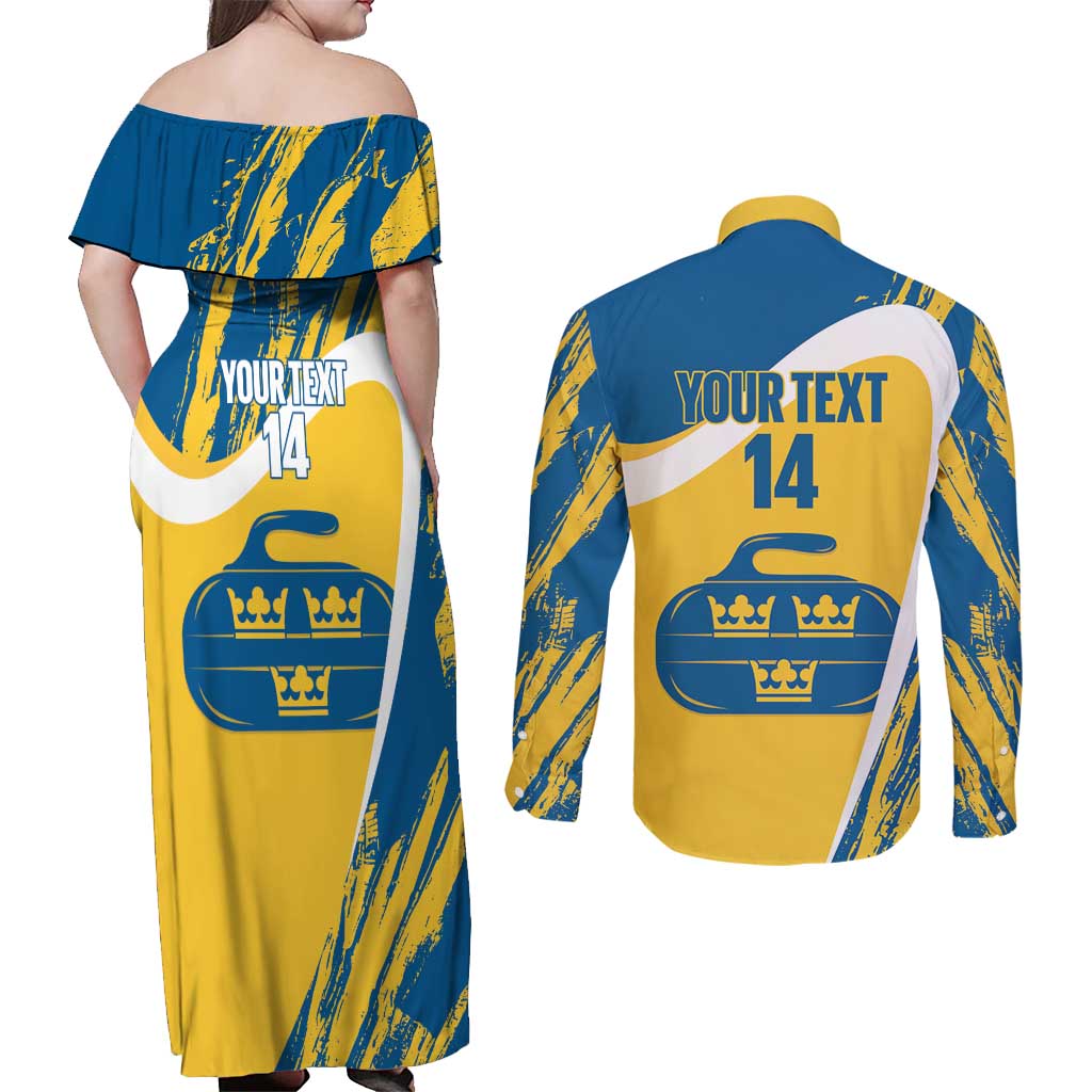 Custom Sweden Curling Couples Matching Off Shoulder Maxi Dress and Long Sleeve Button Shirt Konungariket Sverige Tre Kronor Grunge Style - Wonder Print Shop