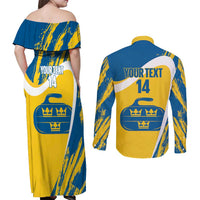 Custom Sweden Curling Couples Matching Off Shoulder Maxi Dress and Long Sleeve Button Shirt Konungariket Sverige Tre Kronor Grunge Style - Wonder Print Shop
