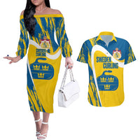 Custom Sweden Curling Couples Matching Off The Shoulder Long Sleeve Dress and Hawaiian Shirt Konungariket Sverige Tre Kronor Grunge Style - Wonder Print Shop
