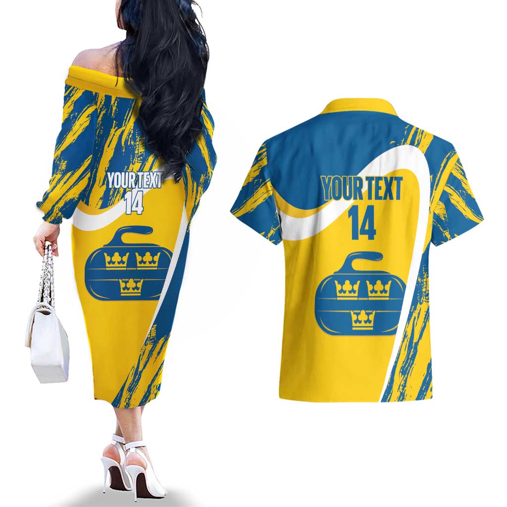 Custom Sweden Curling Couples Matching Off The Shoulder Long Sleeve Dress and Hawaiian Shirt Konungariket Sverige Tre Kronor Grunge Style - Wonder Print Shop