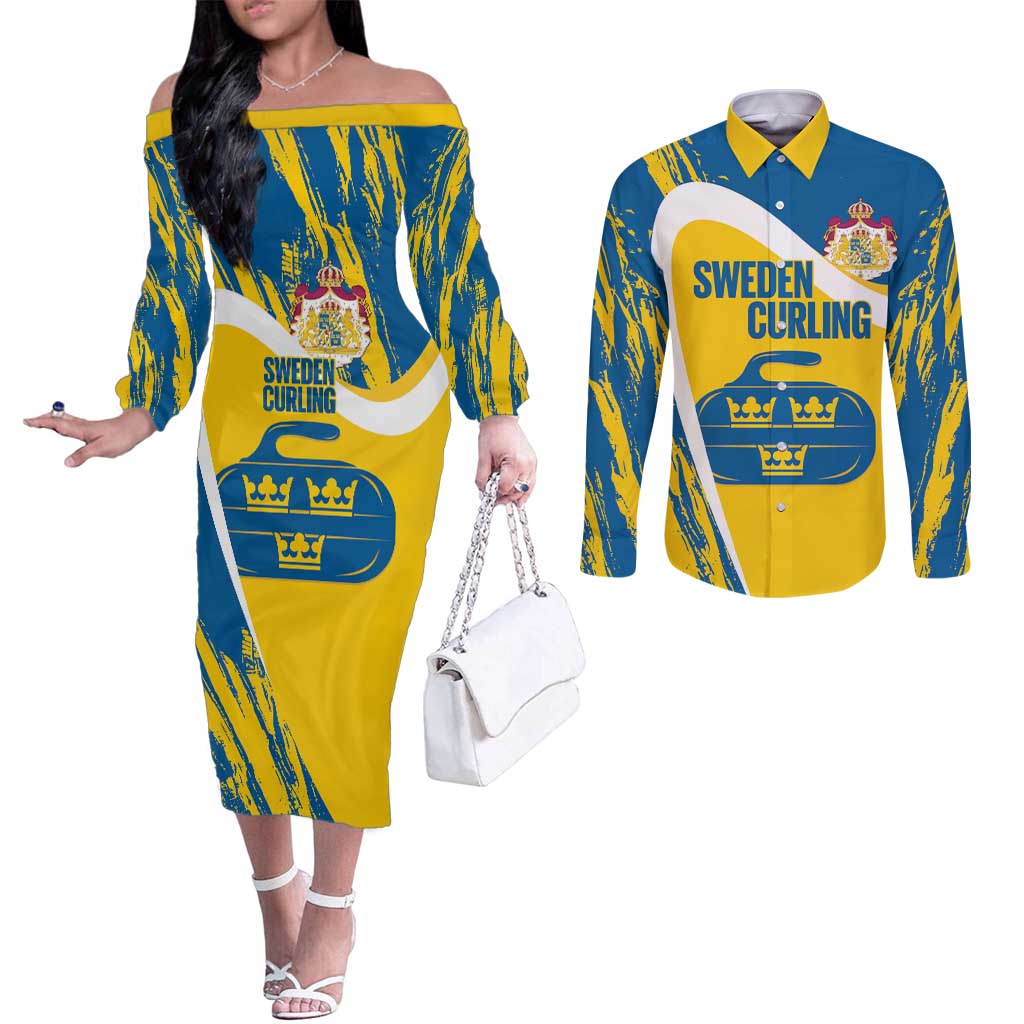 Custom Sweden Curling Couples Matching Off The Shoulder Long Sleeve Dress and Long Sleeve Button Shirt Konungariket Sverige Tre Kronor Grunge Style - Wonder Print Shop