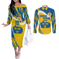 Custom Sweden Curling Couples Matching Off The Shoulder Long Sleeve Dress and Long Sleeve Button Shirt Konungariket Sverige Tre Kronor Grunge Style - Wonder Print Shop