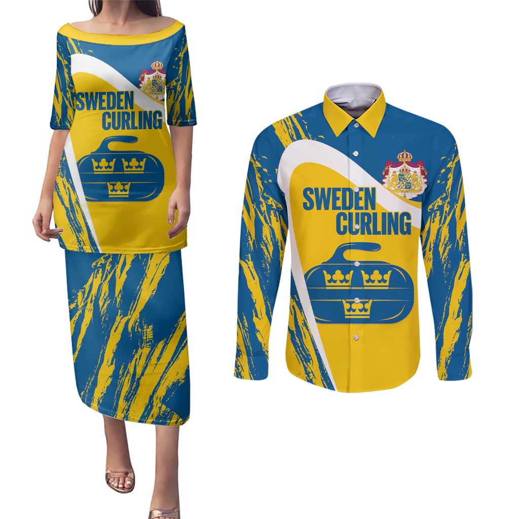Custom Sweden Curling Couples Matching Puletasi and Long Sleeve Button Shirt Konungariket Sverige Tre Kronor Grunge Style - Wonder Print Shop