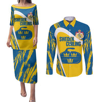 Custom Sweden Curling Couples Matching Puletasi and Long Sleeve Button Shirt Konungariket Sverige Tre Kronor Grunge Style - Wonder Print Shop