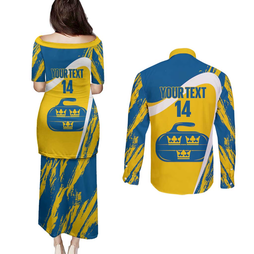 Custom Sweden Curling Couples Matching Puletasi and Long Sleeve Button Shirt Konungariket Sverige Tre Kronor Grunge Style - Wonder Print Shop