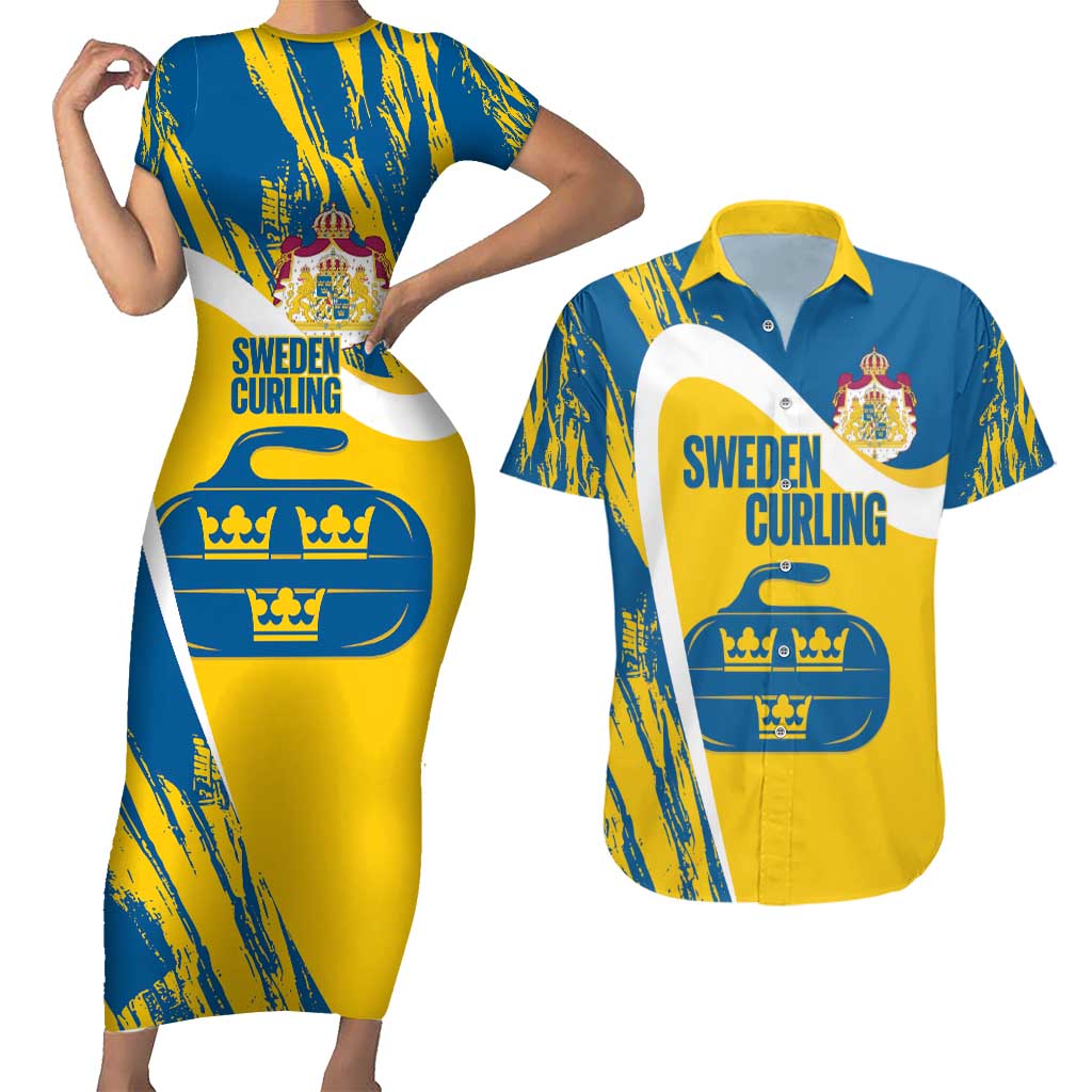 Custom Sweden Curling Couples Matching Short Sleeve Bodycon Dress and Hawaiian Shirt Konungariket Sverige Tre Kronor Grunge Style - Wonder Print Shop