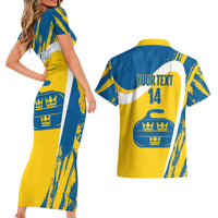 Custom Sweden Curling Couples Matching Short Sleeve Bodycon Dress and Hawaiian Shirt Konungariket Sverige Tre Kronor Grunge Style - Wonder Print Shop