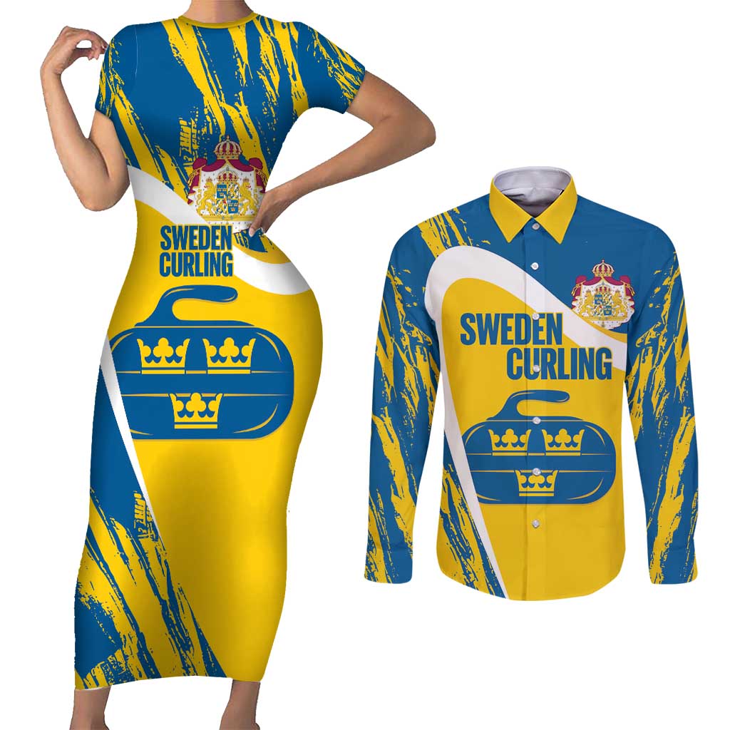Custom Sweden Curling Couples Matching Short Sleeve Bodycon Dress and Long Sleeve Button Shirt Konungariket Sverige Tre Kronor Grunge Style - Wonder Print Shop