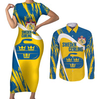 Custom Sweden Curling Couples Matching Short Sleeve Bodycon Dress and Long Sleeve Button Shirt Konungariket Sverige Tre Kronor Grunge Style - Wonder Print Shop