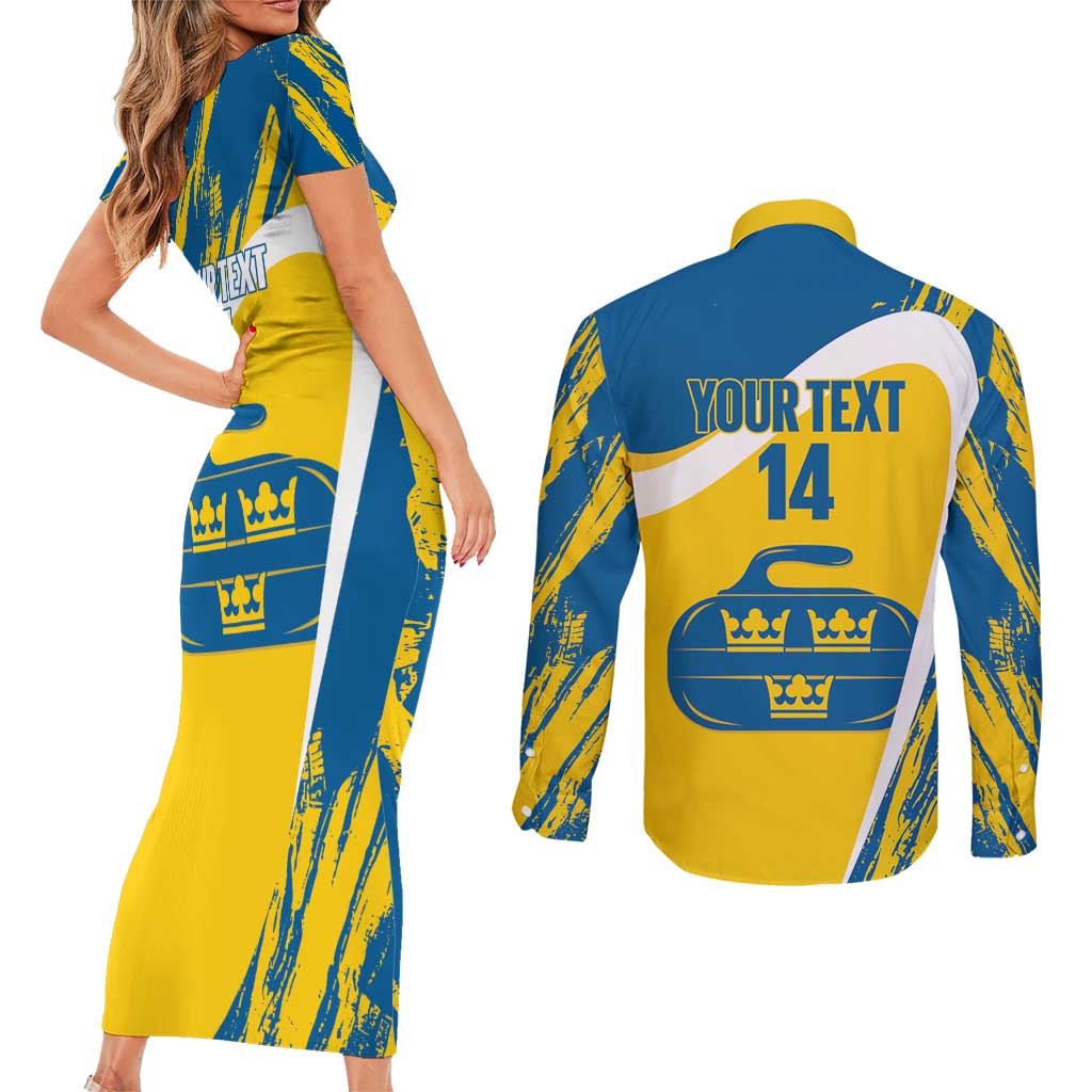 Custom Sweden Curling Couples Matching Short Sleeve Bodycon Dress and Long Sleeve Button Shirt Konungariket Sverige Tre Kronor Grunge Style - Wonder Print Shop