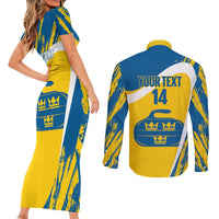 Custom Sweden Curling Couples Matching Short Sleeve Bodycon Dress and Long Sleeve Button Shirt Konungariket Sverige Tre Kronor Grunge Style - Wonder Print Shop