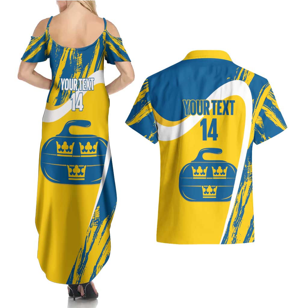 Custom Sweden Curling Couples Matching Summer Maxi Dress and Hawaiian Shirt Konungariket Sverige Tre Kronor Grunge Style - Wonder Print Shop