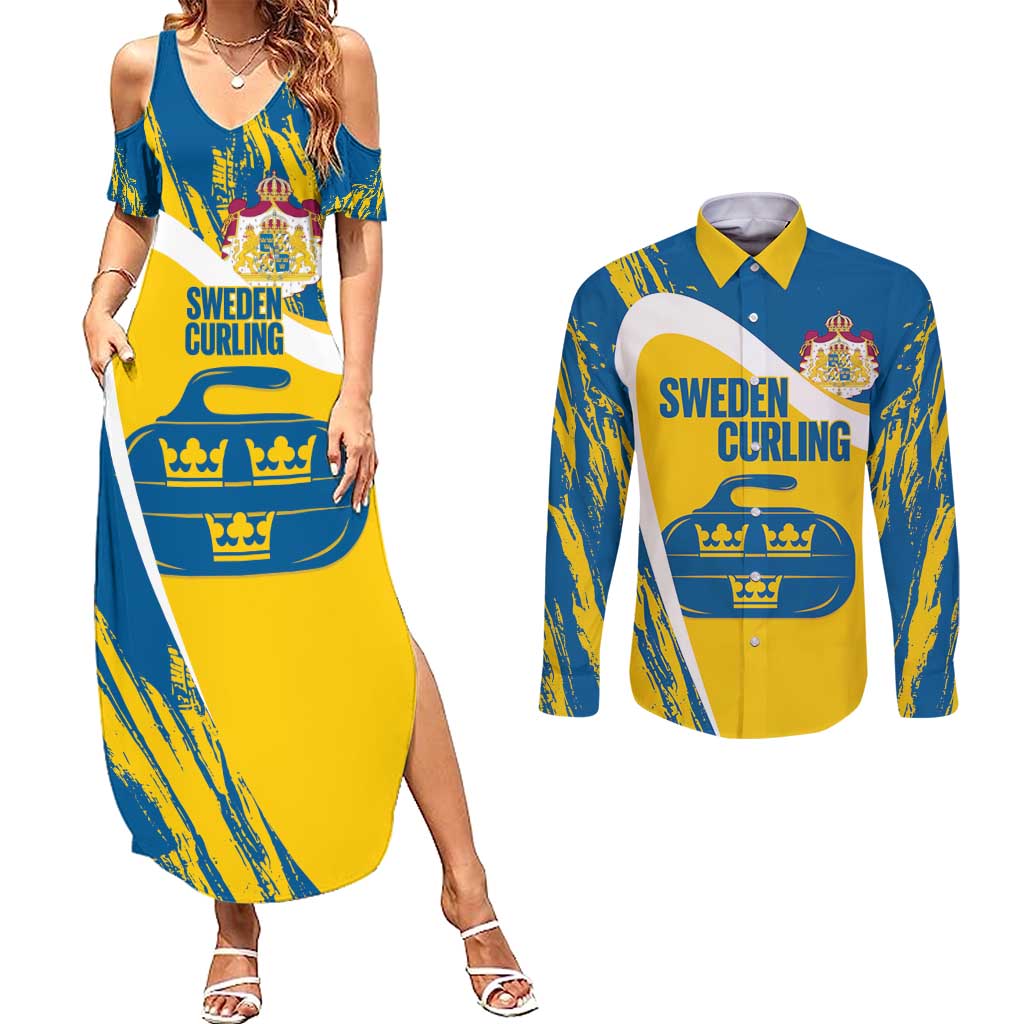 Custom Sweden Curling Couples Matching Summer Maxi Dress and Long Sleeve Button Shirt Konungariket Sverige Tre Kronor Grunge Style - Wonder Print Shop