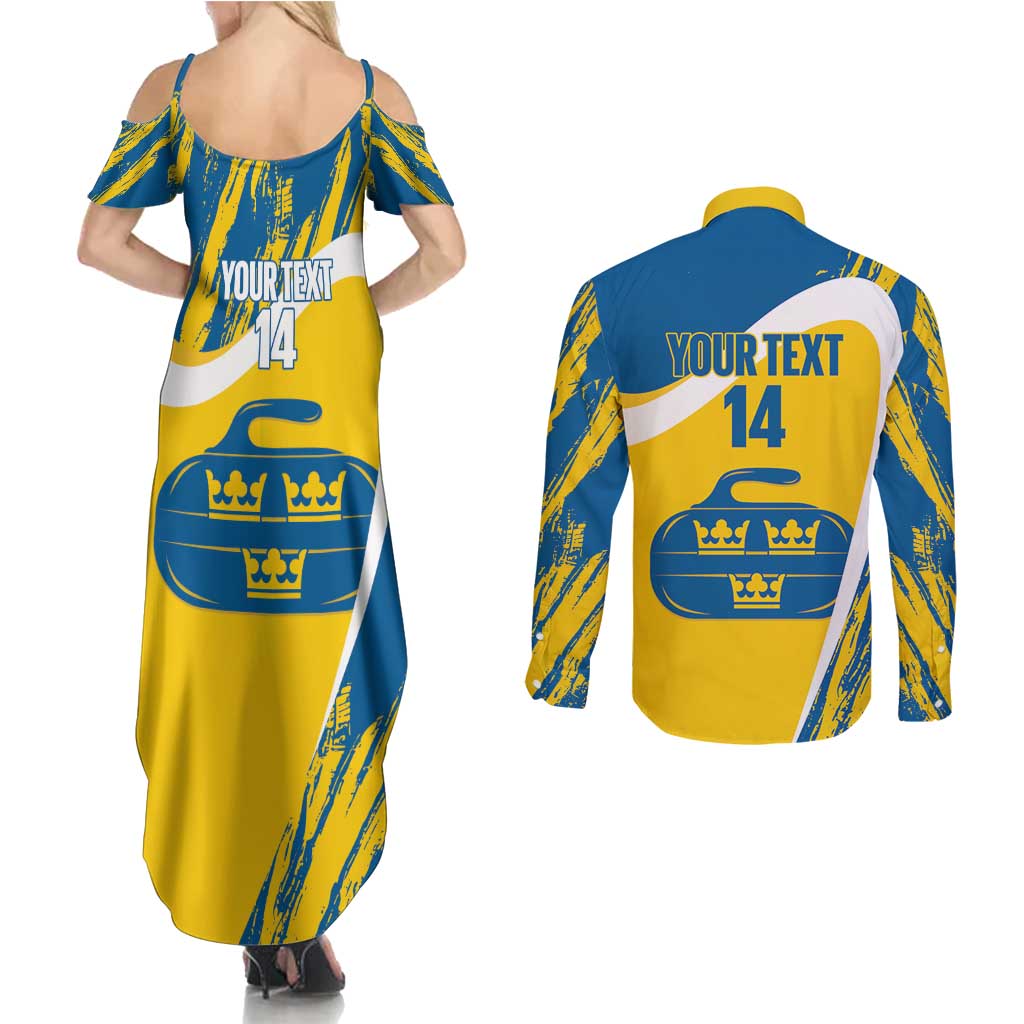 Custom Sweden Curling Couples Matching Summer Maxi Dress and Long Sleeve Button Shirt Konungariket Sverige Tre Kronor Grunge Style - Wonder Print Shop