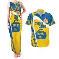 Custom Sweden Curling Couples Matching Tank Maxi Dress and Hawaiian Shirt Konungariket Sverige Tre Kronor Grunge Style - Wonder Print Shop
