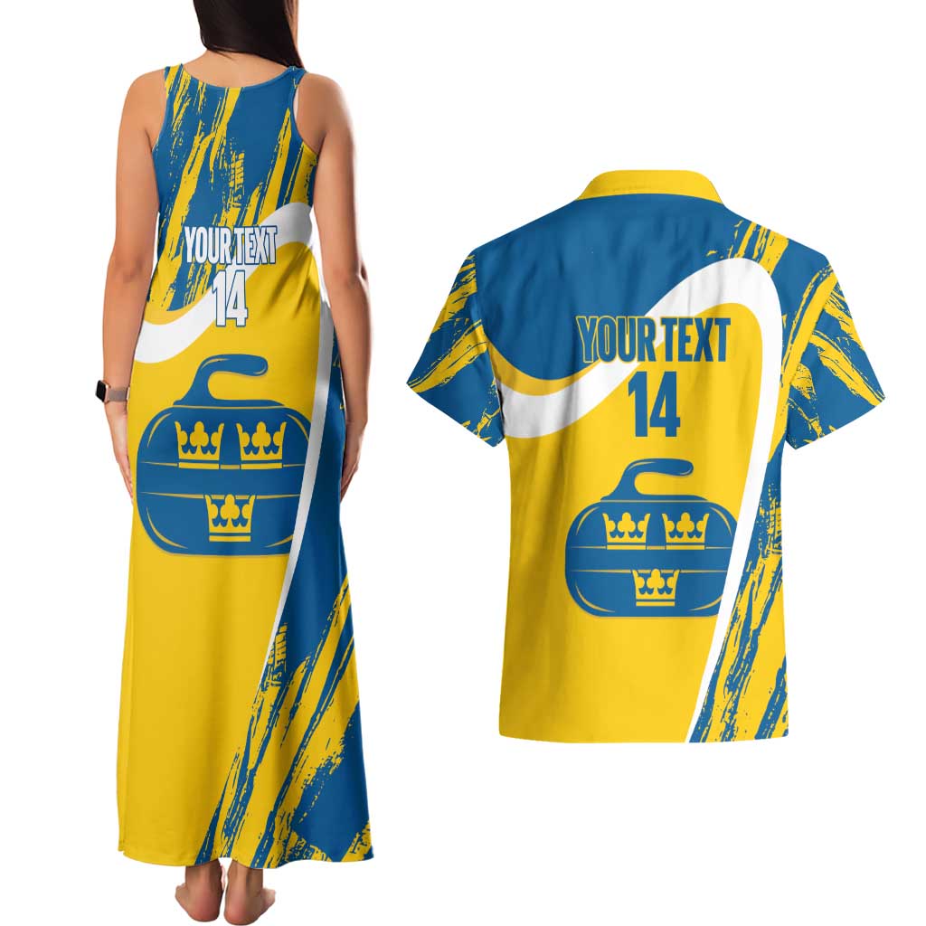 Custom Sweden Curling Couples Matching Tank Maxi Dress and Hawaiian Shirt Konungariket Sverige Tre Kronor Grunge Style - Wonder Print Shop