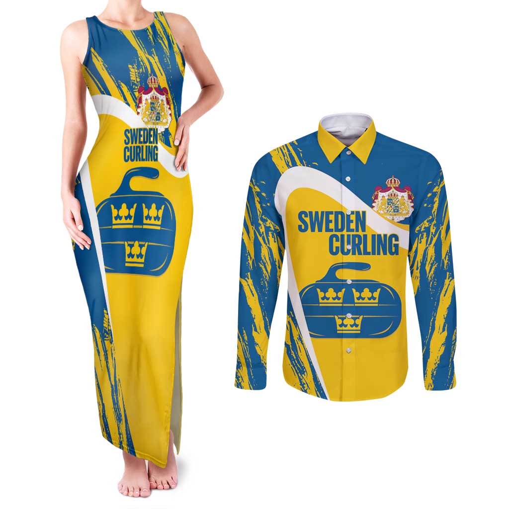 Custom Sweden Curling Couples Matching Tank Maxi Dress and Long Sleeve Button Shirt Konungariket Sverige Tre Kronor Grunge Style - Wonder Print Shop