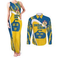 Custom Sweden Curling Couples Matching Tank Maxi Dress and Long Sleeve Button Shirt Konungariket Sverige Tre Kronor Grunge Style - Wonder Print Shop