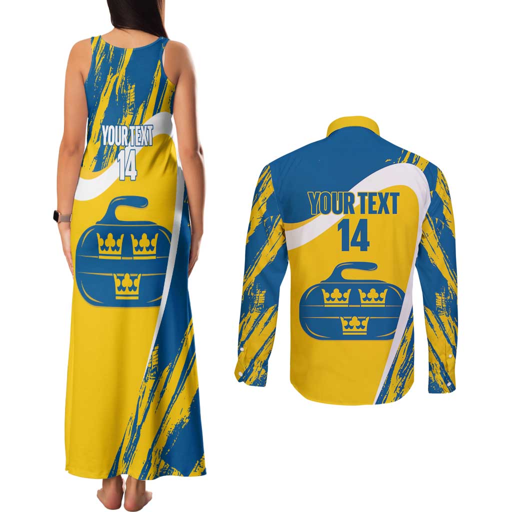 Custom Sweden Curling Couples Matching Tank Maxi Dress and Long Sleeve Button Shirt Konungariket Sverige Tre Kronor Grunge Style - Wonder Print Shop