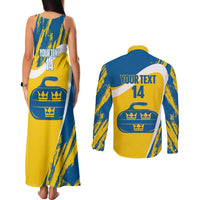Custom Sweden Curling Couples Matching Tank Maxi Dress and Long Sleeve Button Shirt Konungariket Sverige Tre Kronor Grunge Style - Wonder Print Shop